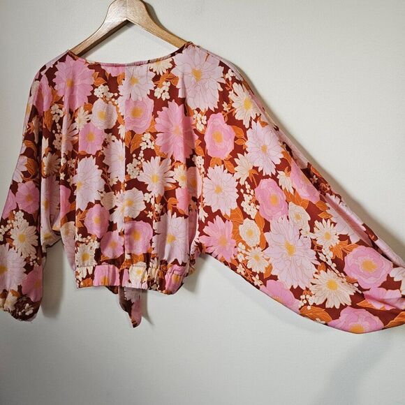 EUC LIKE NEW LUSH PINK / BROWN FLORAL V NECK BATWING SLEEVES TOP SIZE L - Picture 4 of 13